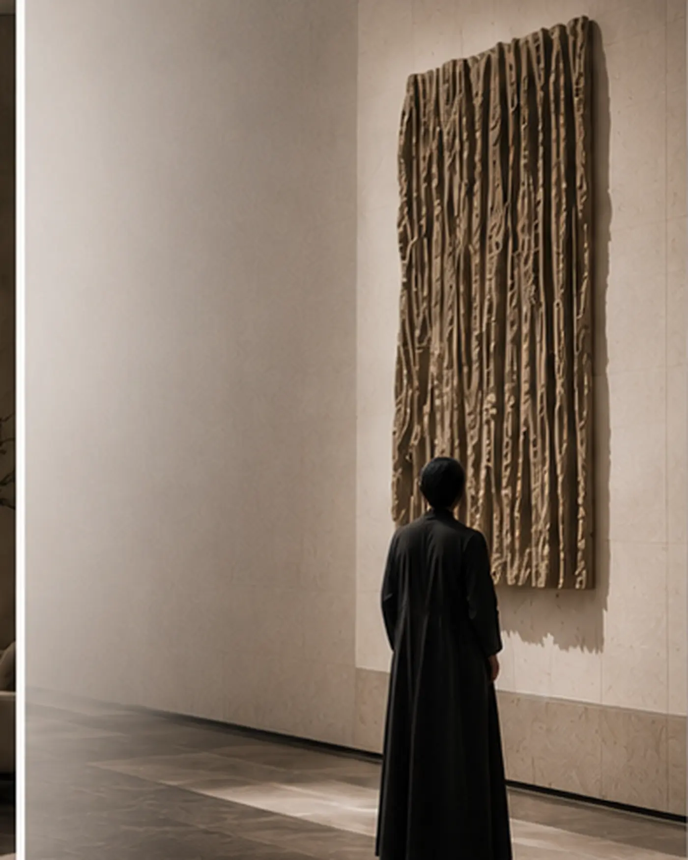 A visitor viewing a tactile artwork in a contemporary space