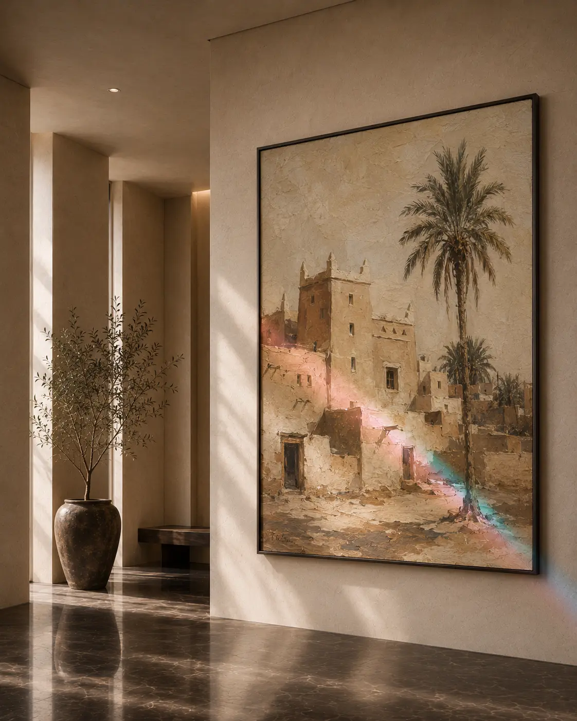 Artwork evoking Saudi architecture in a contemporary interior
