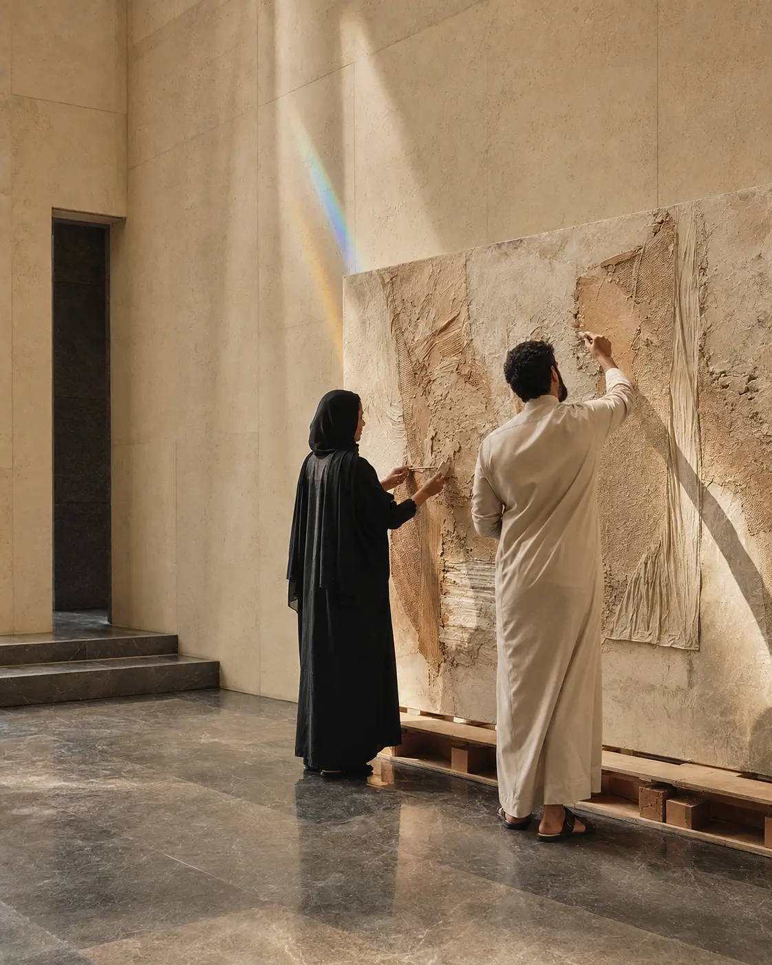 Saudi artists collaborating on a contemporary tactile artwork