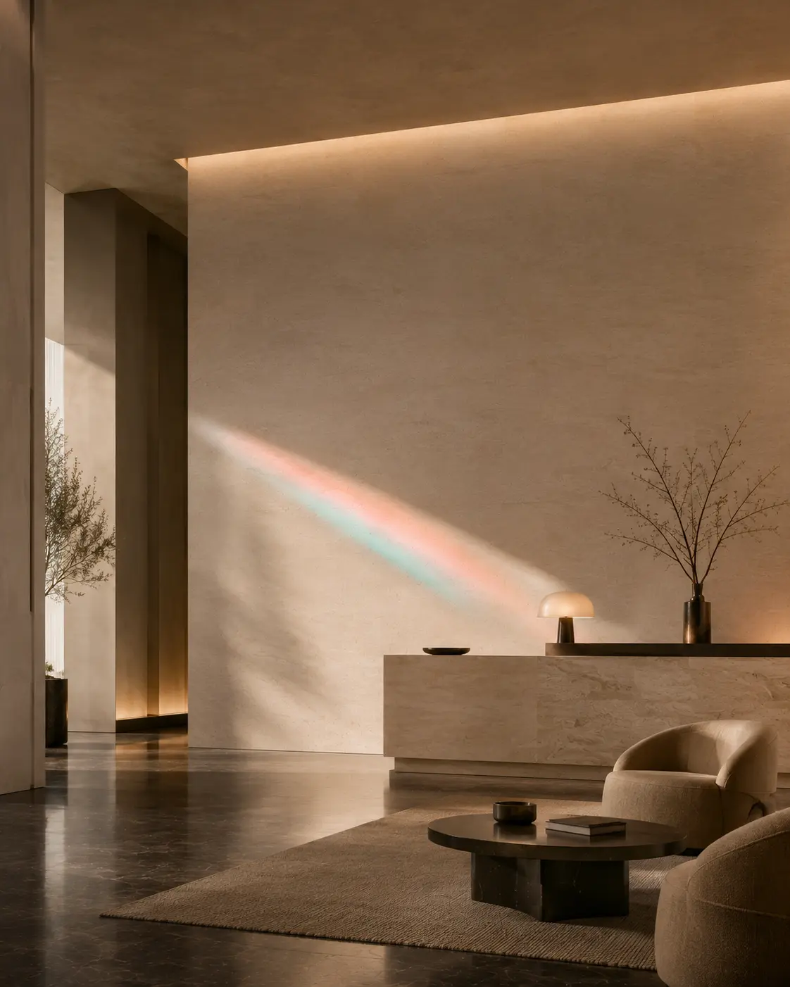 A refined reception space crossed by subtle coloured light