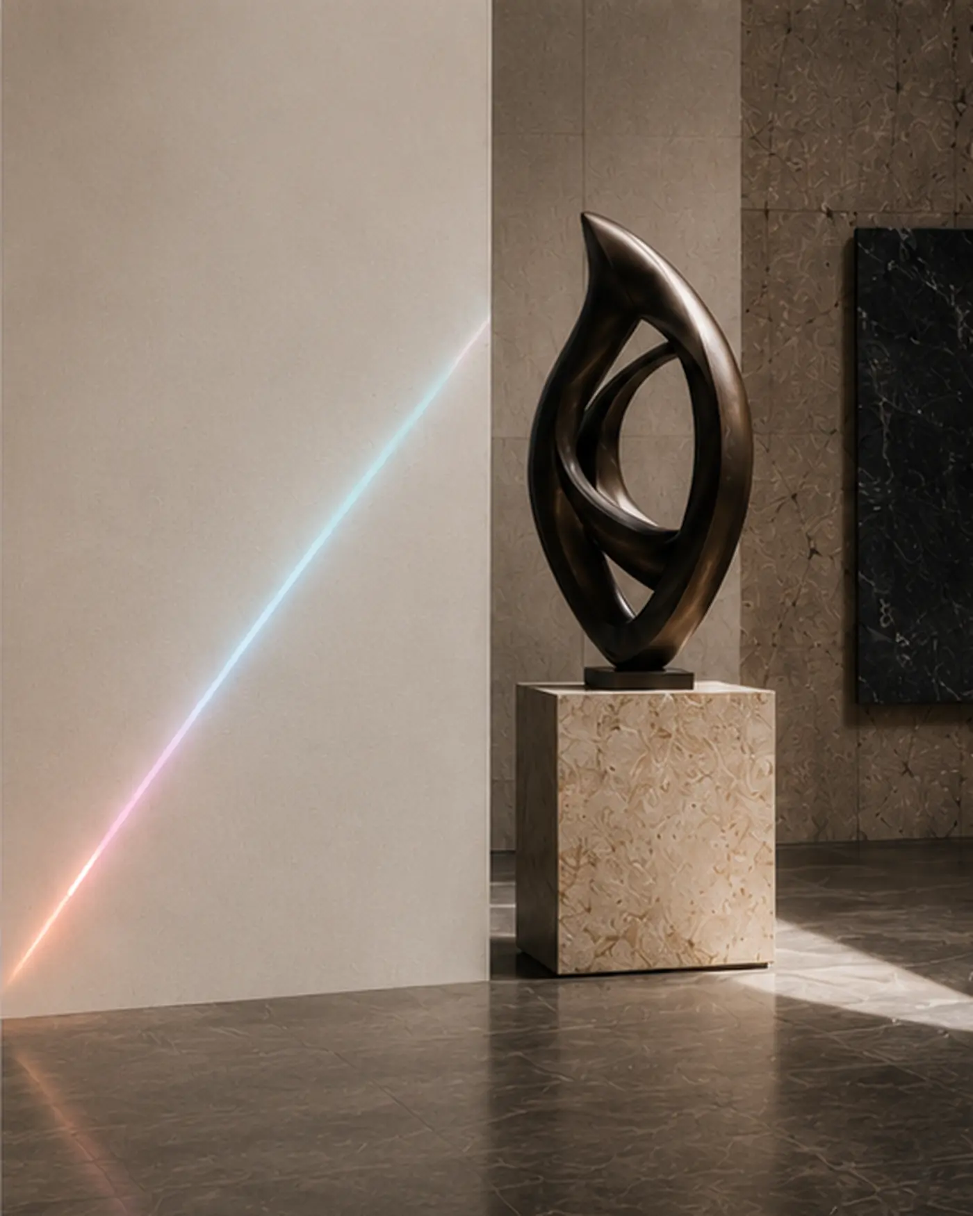 A contemporary sculpture integrated into quiet architecture