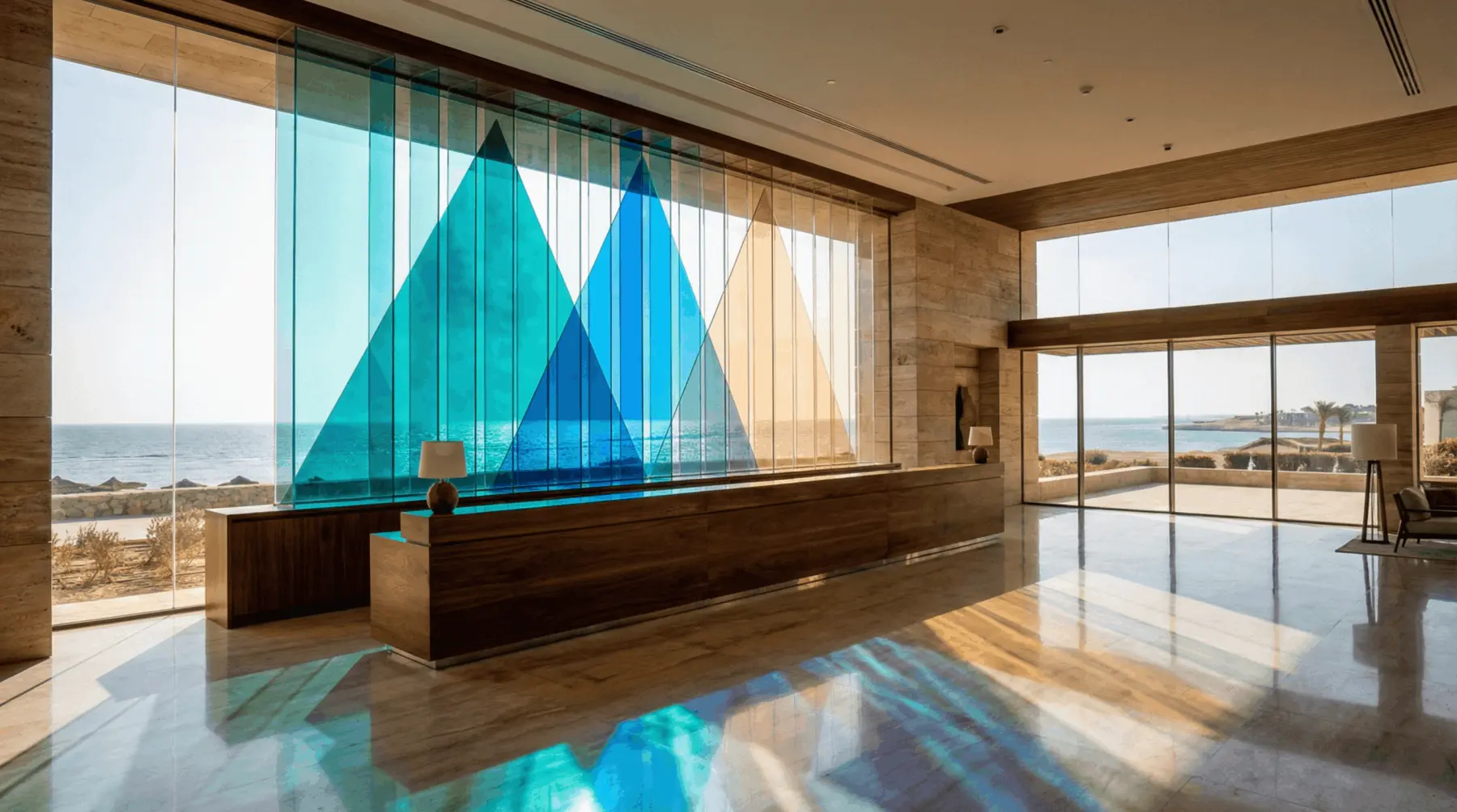 A wide contemporary interior animated by art